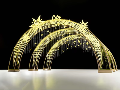 City Themed Event Entrance Arch With Golden Star Decorations And Hanging Ornaments 3d model