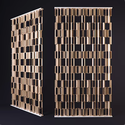 Elegant Modern Room Divider Featuring Geometric Square Panels In Gold Black 3d model