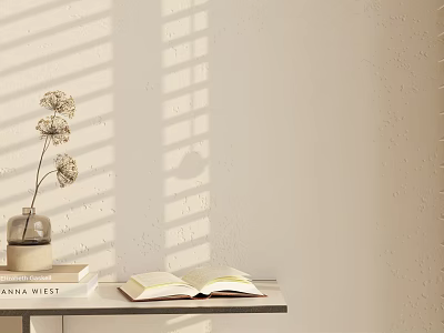 Stylish Decorative Ornament Set With Dried Flowers Vase Open Book And Sunlight Shadows On Table 3d model