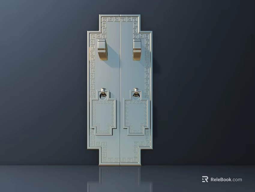 Golden Door Handles On Light Door Panel With Traditional Chinese Carvings Against Dark Background 3d model 