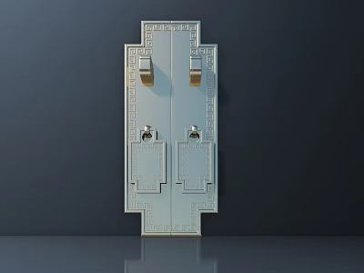 Golden Door Handles On Light Door Panel With Traditional Chinese Carvings Against Dark Background 3d model