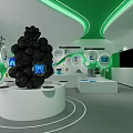 Cultural Art Exhibition Hall With Green Wall Orange Pipe Decor Circular Installations And White Counter