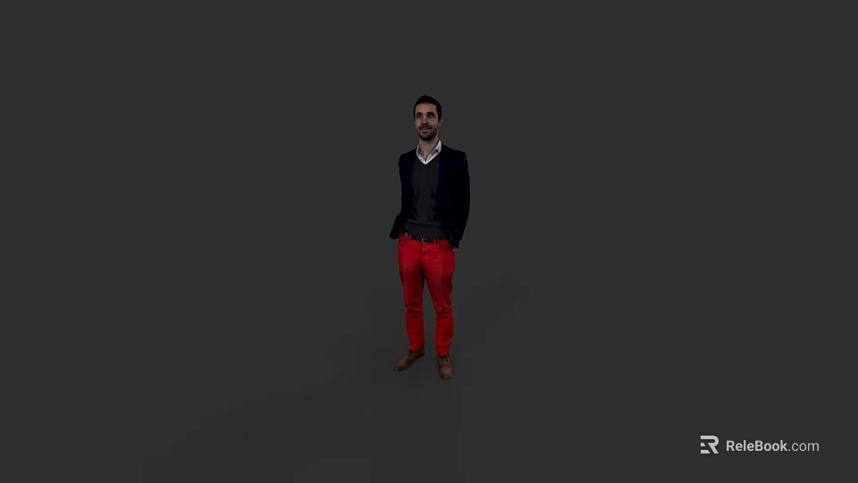A Man In Black Coat Black Shirt Red Pants Brown Shoes Standing Against Gray Background 3d model 