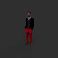 A Man In Black Coat Black Shirt Red Pants Brown Shoes Standing Against Gray Background