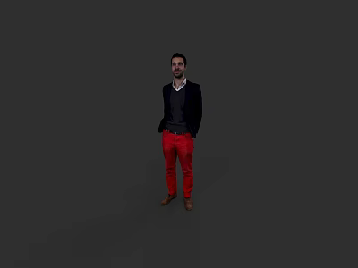 A Man In Black Coat Black Shirt Red Pants Brown Shoes Standing Against Gray Background 3d model