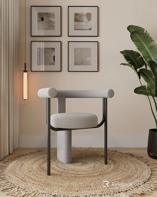 Modern Dining Chair With Fabric Upholstered Seat And Metal Frame Near Green Plant 3d model 