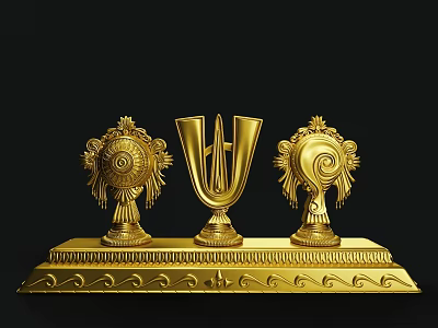 Golden Decorative Ornament Set With Harp Shaped Centerpiece Spiral Tassel Side Pieces On Wavy Base 3d model