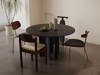 Round Black Table And Chairs Set With Fruits Vase And Indoor Plant On Wooden Floor 3d model