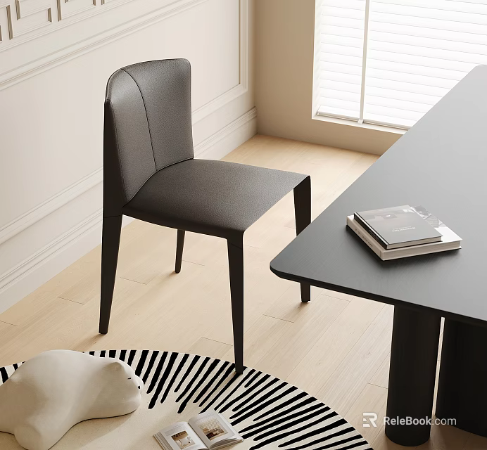 Modern Black Leather Dining Chair In Room With Wooden Floor And White Wall Table 3d model 