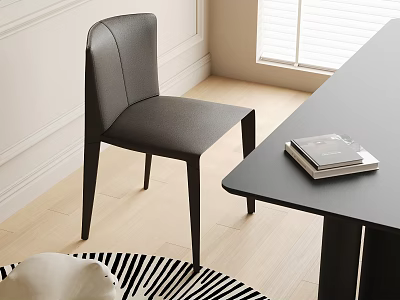 Modern Black Leather Dining Chair In Room With Wooden Floor And White Wall Table 3d model