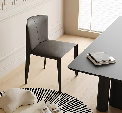 Modern Black Leather Dining Chair In Room With Wooden Floor And White Wall Table 3d model
