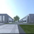 Modern Office Building Exterior With Large Glass Windows Green Lawns And Front Parking Area