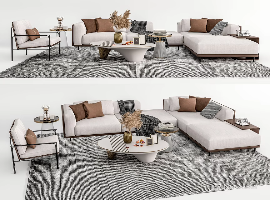 Modern Sofa and Coffee Table Set With Decorative Pillows Textured Rug and Side Table 3d model