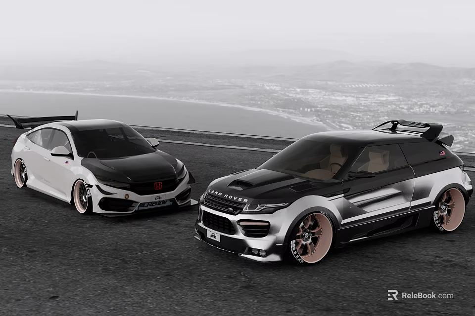 Custom Black And White Cars Parked On Scenic Coastal Road With Ocean View 3d model 
