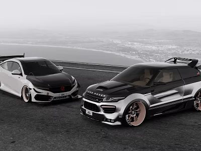 Custom Black And White Cars Parked On Scenic Coastal Road With Ocean View 3d model