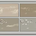 Four Panel Wall Art With Light Brown Mountain Landscapes Flying Birds And Plum Blossoms