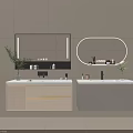 Modern Double Sink Vanity with Lighted Mirror Cabinet Round Mirror and Geometric Pattern Design 3d model