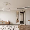 Warm Open Dining And Living Room Interior Design With Tufted Sofa And Wooden Storage Cabinets