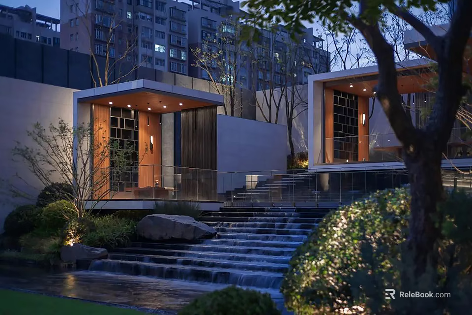 Modern Residential Landscape With Waterfall Steps Lush Greenery And Illuminated Architecture 3d model 