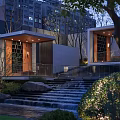 Modern Residential Landscape With Waterfall Steps Lush Greenery And Illuminated Architecture