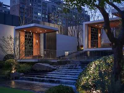 Modern Residential Landscape With Waterfall Steps Lush Greenery And Illuminated Architecture 3d model