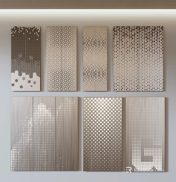 Modern Perforated Wall Panels Featuring Diverse Patterns In Metallic And Beige Tones 3d model 