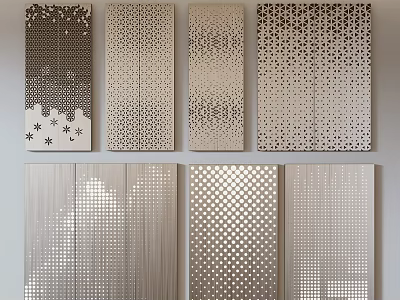 Modern Perforated Wall Panels Featuring Diverse Patterns In Metallic And Beige Tones 3d model