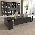 Black Modern Office Desk With Laptop And Small Potted Plant Near Bookshelf And Beige Chair