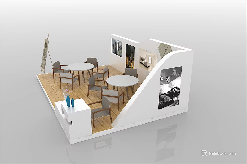 Modern Exhibition Booth Featuring Open Design Round Tables Chairs Wall Posters And Blue Decorations 3d model 