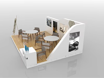 Modern Exhibition Booth Featuring Open Design Round Tables Chairs Wall Posters And Blue Decorations 3d model