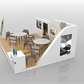 Modern Exhibition Booth Featuring Open Design Round Tables Chairs Wall Posters And Blue Decorations