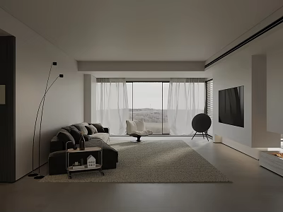 Modern Living Room Interior Design With Gray Sofa Large Window Area Rug And TV Wall 3d model