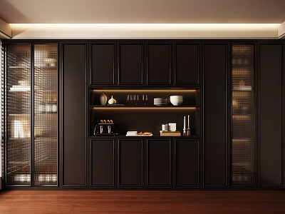 Modern Black Wine Cabinet With Glass Doors And Open Shelves For Interior Decor 3d model