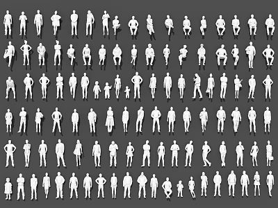 Group of People Silhouettes in Various Poses with White Outlines on Gray Background 3d model