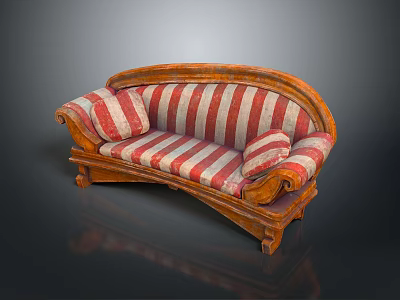People Sitting On Vintage Wooden Curved Sofa With Red White Striped Cushions 3d model