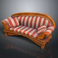People Sitting On Vintage Wooden Curved Sofa With Red White Striped Cushions