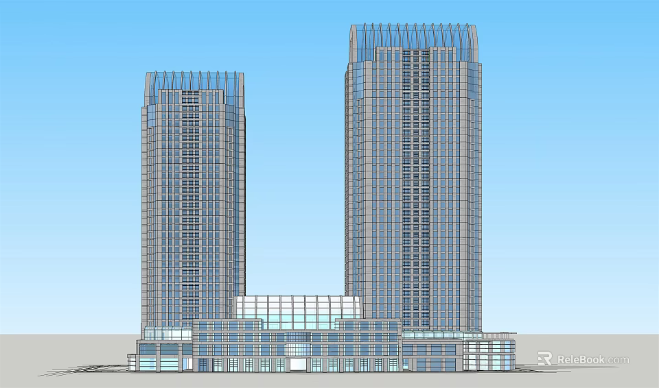 Modern Twin Tower Hotel Building With Glass Curtain Wall And Connected Base Structure 3d model