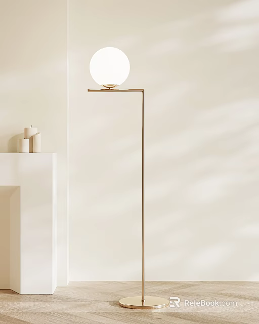 Modern Floor Lamp With White Spherical Shade And Golden Metal Stand 3d model 