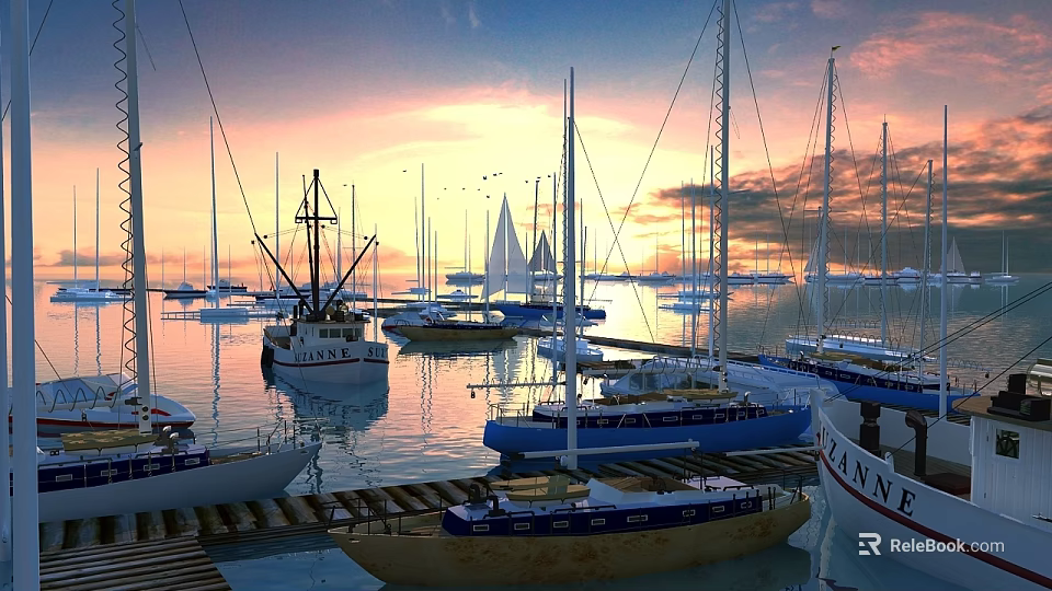 Sailboats Moored At Marina During Sunset With Calm Water And Colorful Sky 3d model 