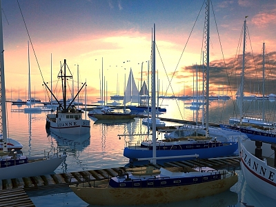 Realistic sailing marina building animation scene photo class sailing marina seaside sea yacht model