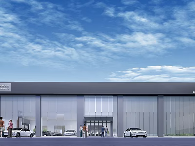 Modern Automotive 4S Dealership Building With Glass Facade White Cars And People At Entrance 3d model