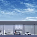 Modern Automotive 4S Dealership Building With Glass Facade White Cars And People At Entrance