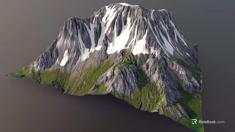 Mountain Style Garden Landscape With Snow Capped Peaks Green Slopes And Gray Rocks 3d model 