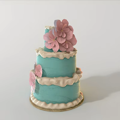 Three Tiered Blue Cake Decorated With White Ruffled Edges And Pink Flowers 3d model