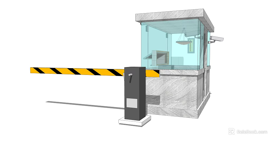 Security Booth With Glass Enclosure And Automatic Yellow Black Striped Entry Barrier 3d model 