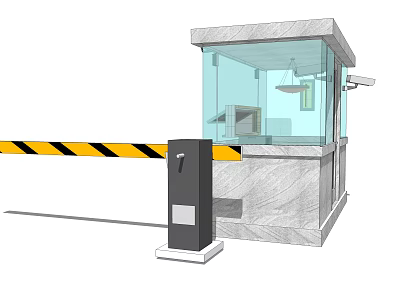 Security Booth With Glass Enclosure And Automatic Yellow Black Striped Entry Barrier 3d model