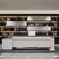 Modern Office Desk Interior With White Surface Bookshelves Marble Wall And Potted Plants