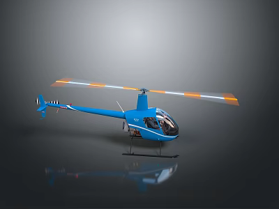 Blue Helicopter Model With Orange Rotors And Black Stand On Gray Background 3d model