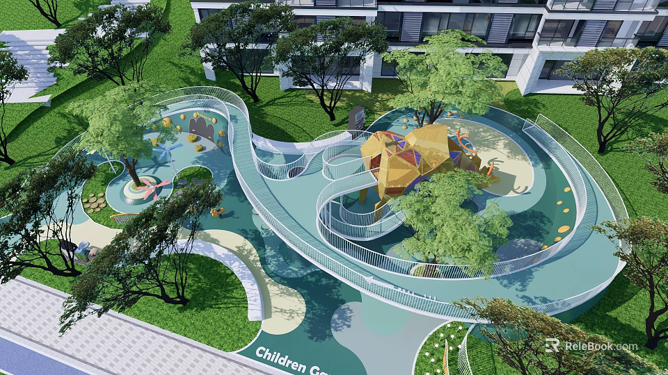 Fun Children's Play Area With Curved Slides Climbing Structures Green Trees And Lush Lawns 3d model 