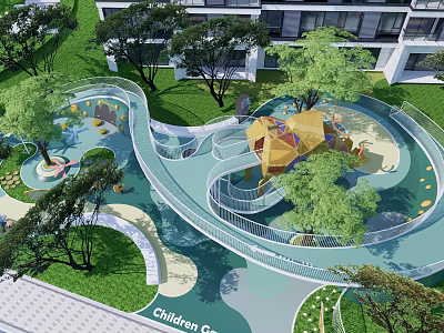 Fun Children's Play Area With Curved Slides Climbing Structures Green Trees And Lush Lawns 3d model